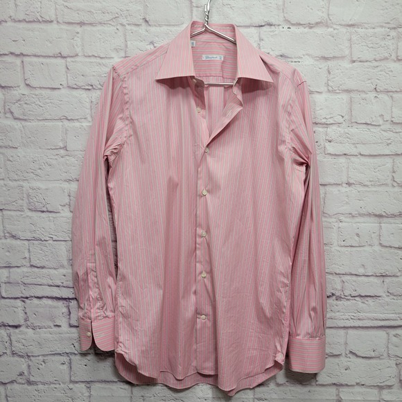 Giampaolo Pink Green Striped Italian Dress Shirt Mens 39-15.5 (L) Cotton Blend - Picture 1 of 8